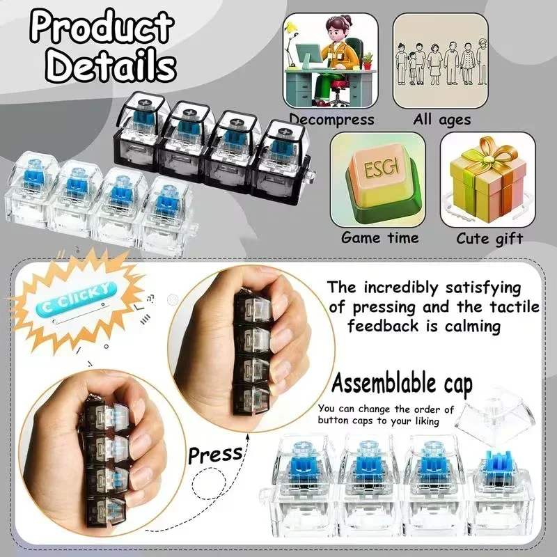 Office Tech And Gadgets - Tastatur-Keycap Stressabbau-Schlüsselanhänger Mechanisches 4-Tasten-Fidget-Tool für Erwachsene
