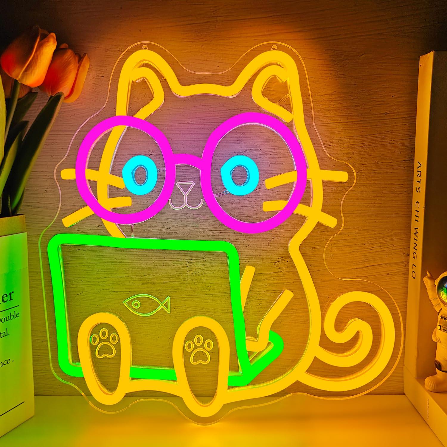 The Office It Tech - Katzen-Laptop-Neon-Schild, USB-dimmbares LED-Licht für Internetcafé, IT-Büro,