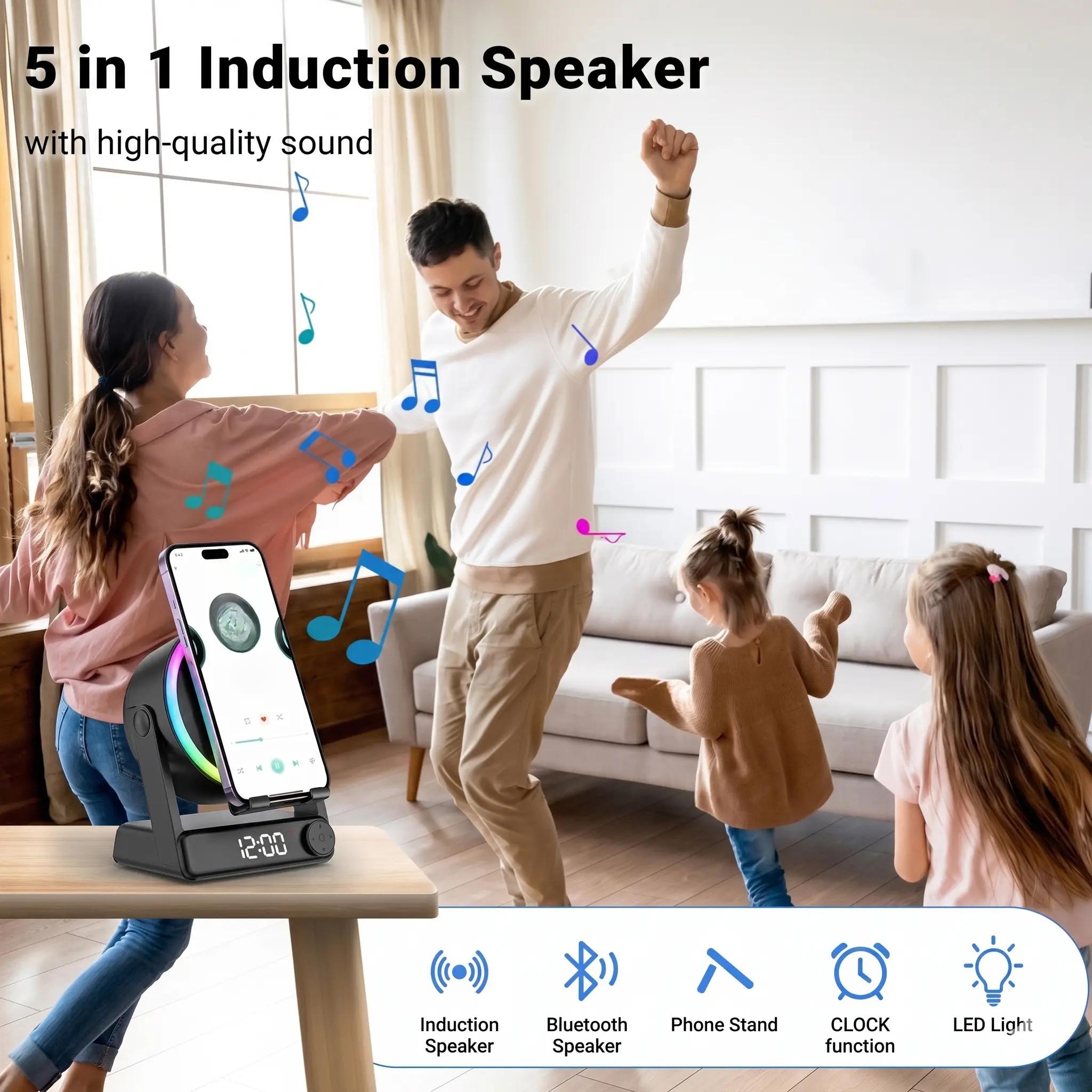 Office Tech And Gadgets - Multifunktionaler Schreibtisch-Telefonständer mit Induktionslautsprecher, LED-Digitalwecker, RGB-Ambientelicht,